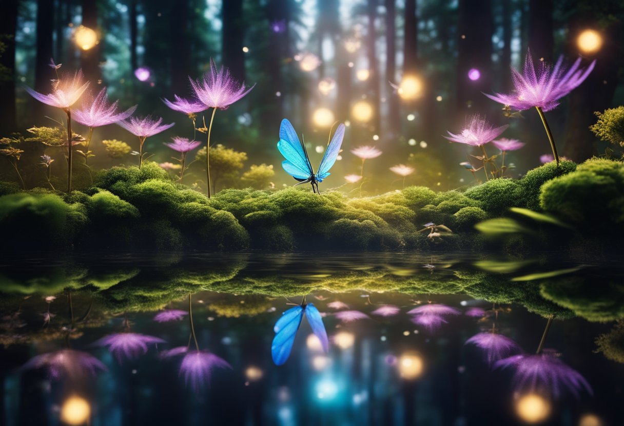 A mystical forest with glowing plants and floating crystals, surrounded by a shimmering barrier. A dragon flies overhead, breathing colorful flames