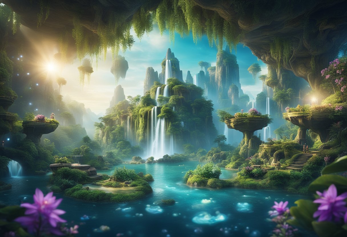 A magical realm with floating islands, shimmering waterfalls, and glowing flora, surrounded by mystical creatures and ethereal energy