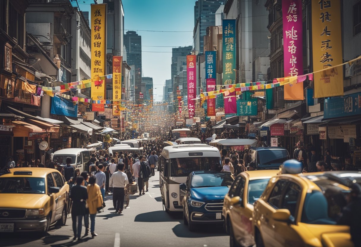 A bustling city street filled with colorful banners and signs promoting a comedy drama festival. Laughter can be heard from a crowded theater, where people are gathered to watch hilarious scenes from popular Korean sitcoms