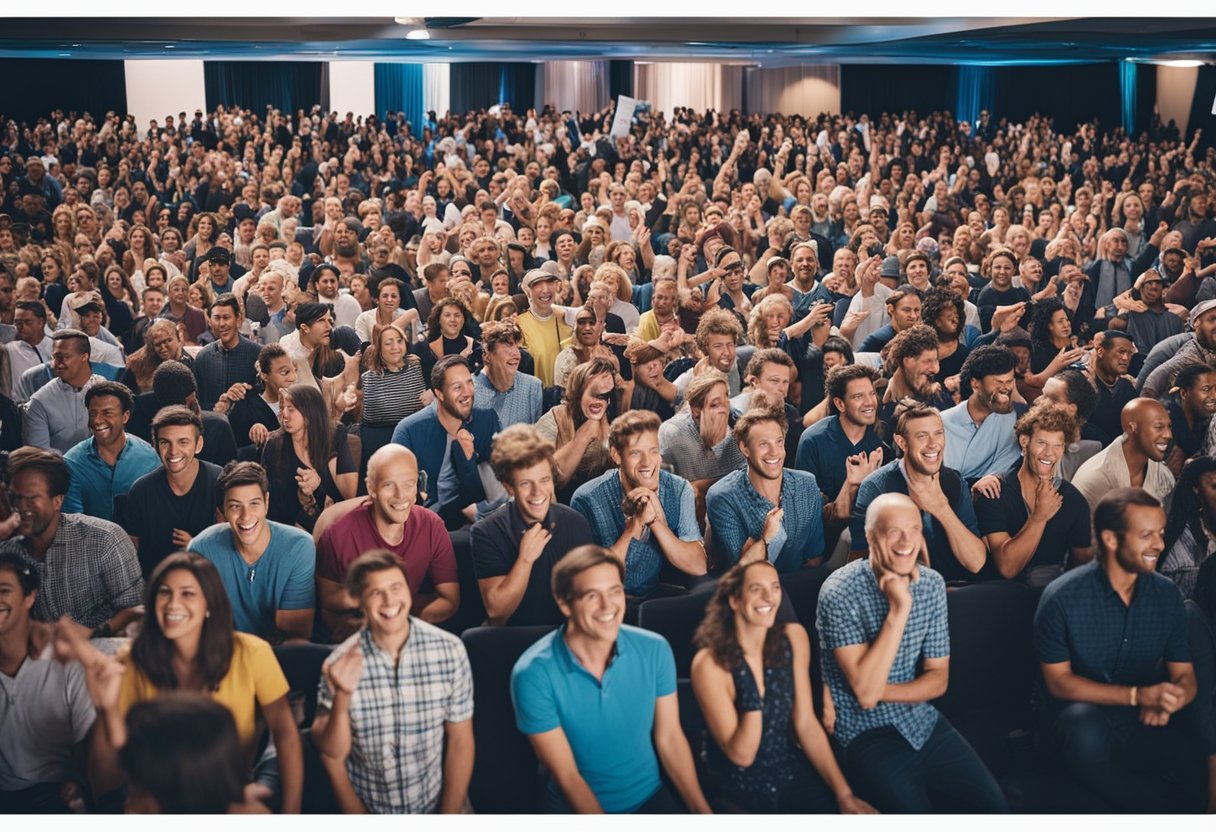 A crowded comedy-drama convention with colorful banners and excited attendees. Laughter fills the air as people gather around a stage for a Q&A session