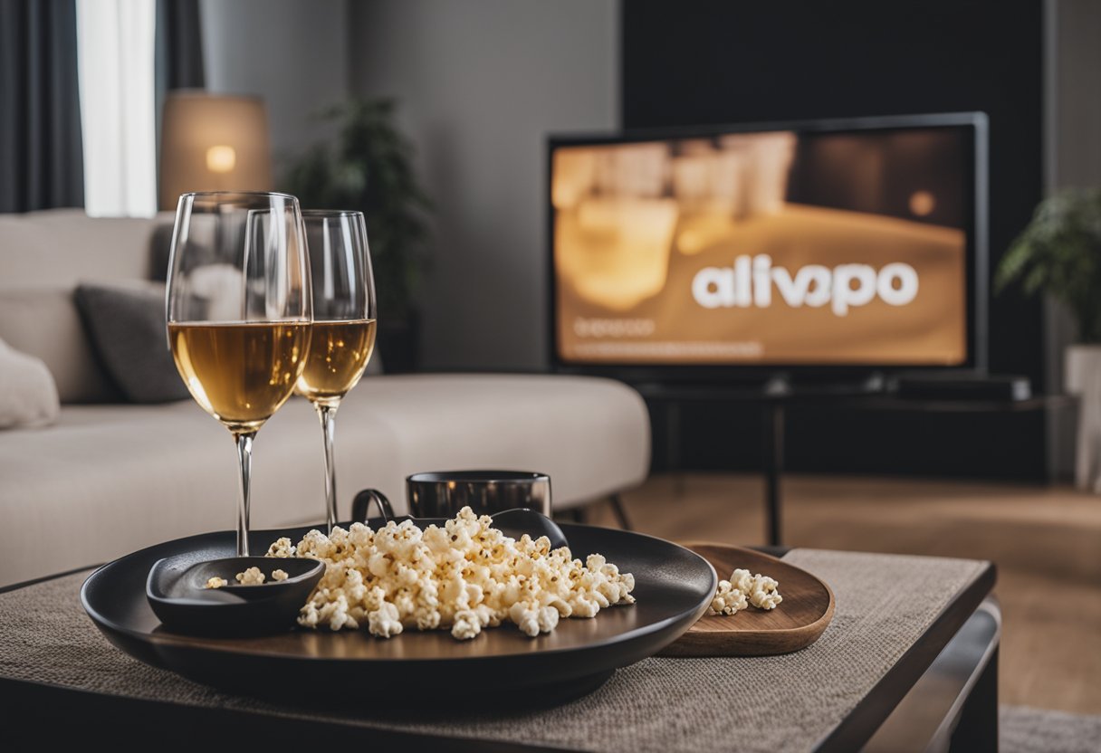 A cozy living room with a big screen TV showing a romantic comedy. A bowl of popcorn and two glasses of wine on the coffee table