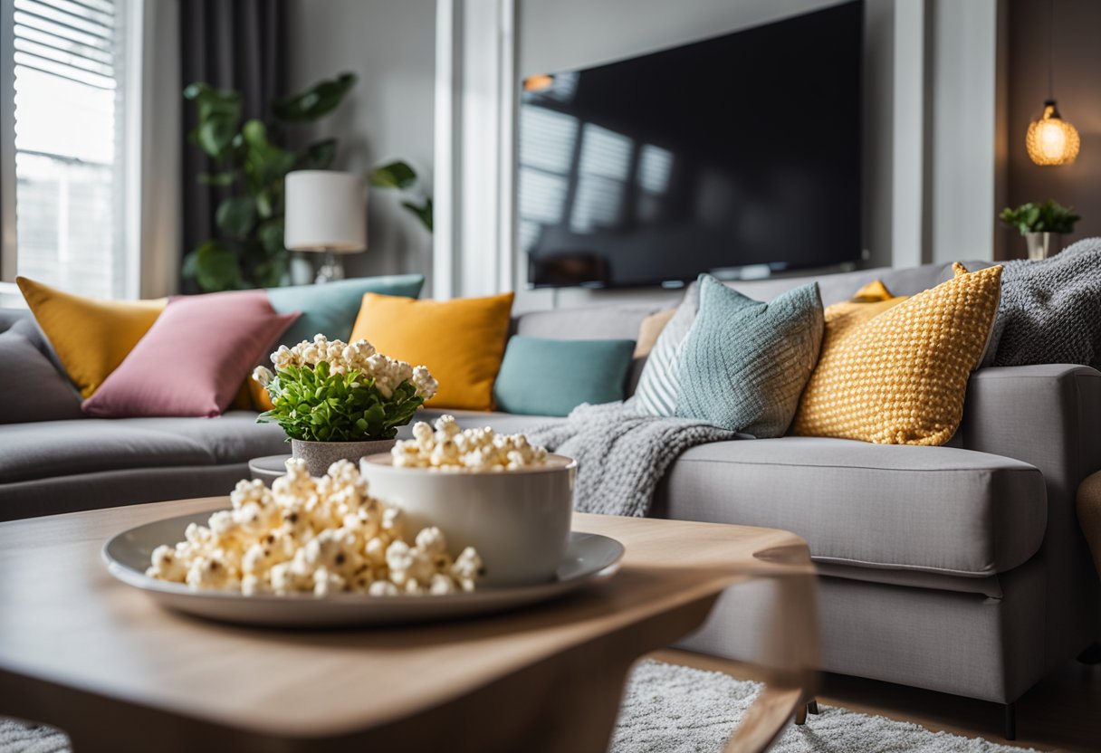 A cozy living room with a big screen TV playing a romantic comedy drama. Brightly colored throw pillows and blankets are scattered on the couch. A bowl of popcorn and a cup of hot chocolate sit on the coffee table