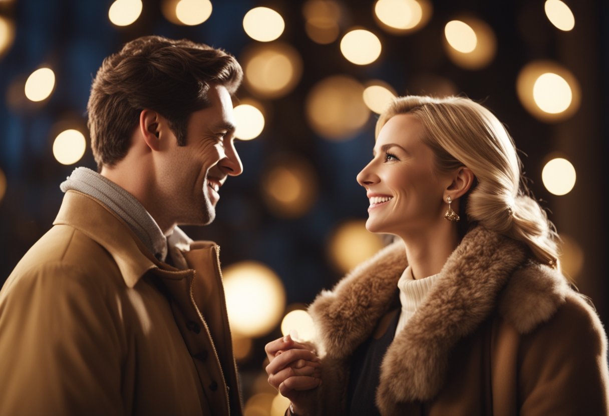 A couple sharing a lighthearted moment, surrounded by romantic symbols and comedic props, capturing the essence of iconic romantic comedy partnerships in dramas