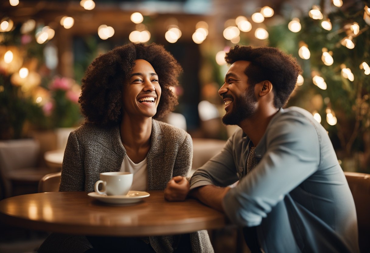 A couple laughing together in a cozy cafe, surrounded by colorful flowers and twinkling lights. Their joyful expressions convey the perfect blend of humor and romance