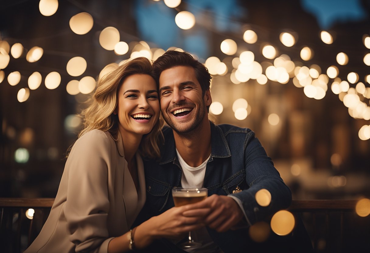 A couple laughing together in a romantic setting, surrounded by iconic comedic elements from popular dramas