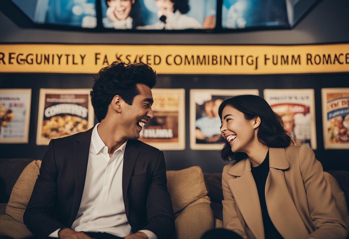 A couple laughing together while watching a comedy show, surrounded by iconic dorama posters and a sign that reads "Frequently Asked Questions: Perfectly combining humor and romance."