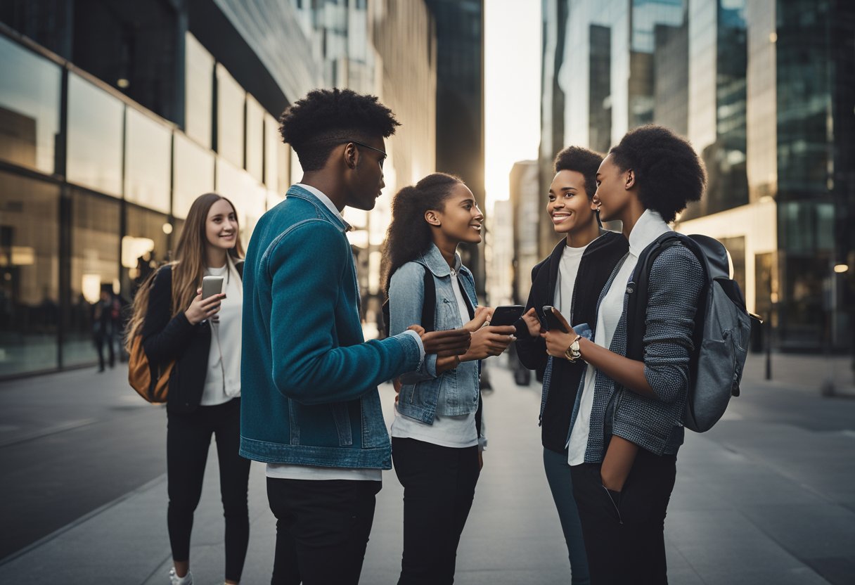 A group of young people engage in deep conversation, surrounded by modern technology and urban landscapes, reflecting the challenges and complexities of contemporary youth