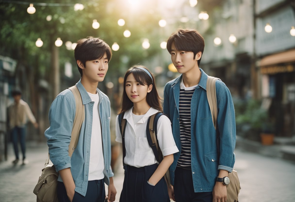 Teenage characters in a dorama, experiencing first loves and discoveries, set in a nostalgic and charming backdrop