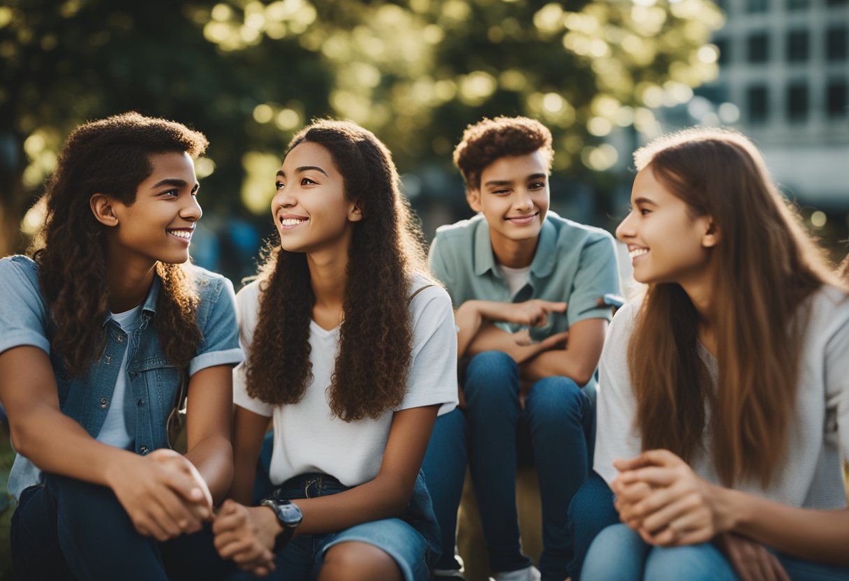 A group of teenagers engaged in deep conversation, surrounded by a backdrop of vibrant and diverse settings, reflecting the themes of first loves and self-discovery