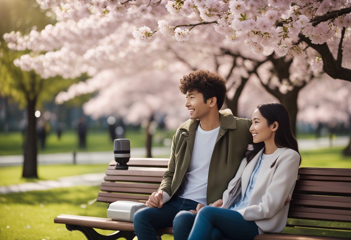 A couple sitting on a park bench, surrounded by blooming cherry blossom trees, with a portable speaker playing romantic soundtrack music