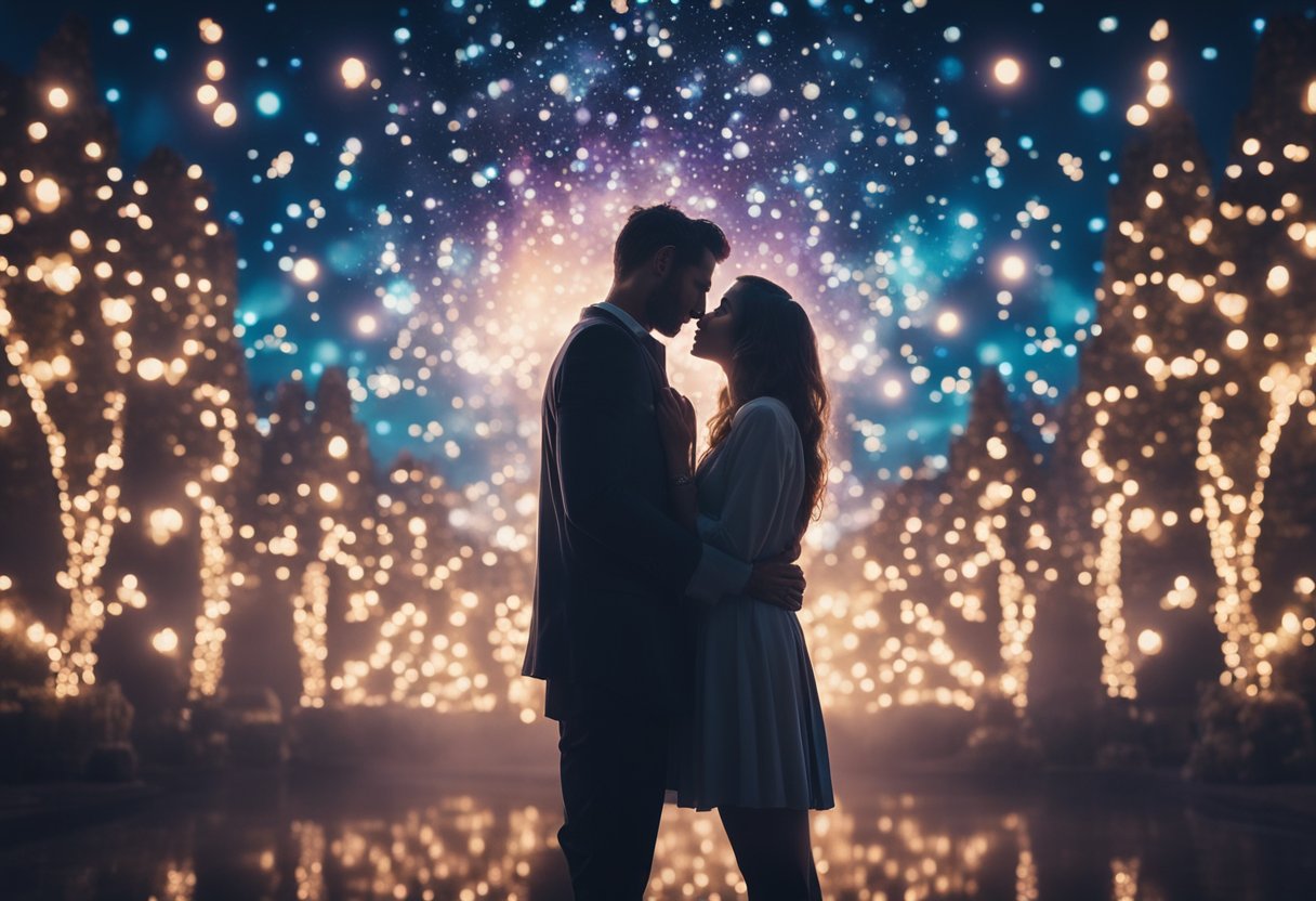 A couple embraces in a fantastical world, surrounded by dazzling special effects. The scene exudes romance and wonder