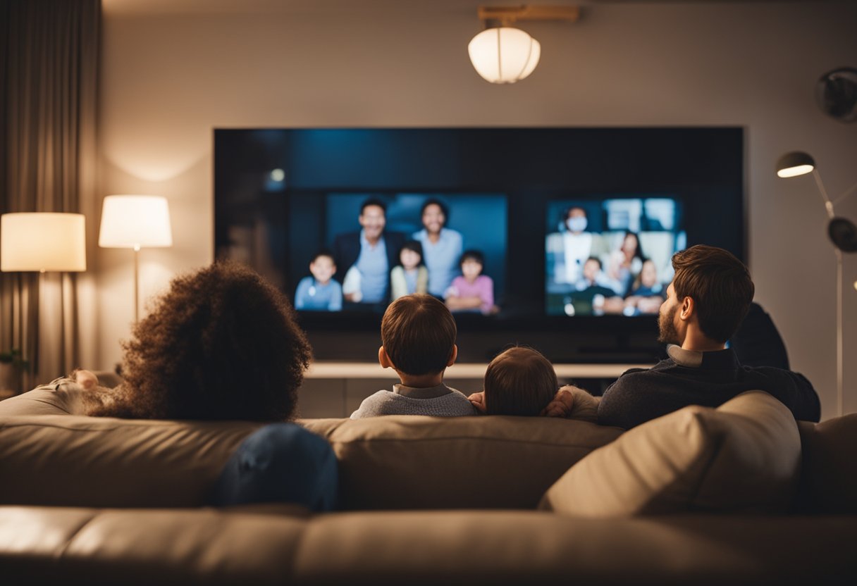 A family sitting on a couch, laughing while watching a comedy dorama on a TV. The room is cozy with warm lighting, and the characters on the screen are engaging and funny