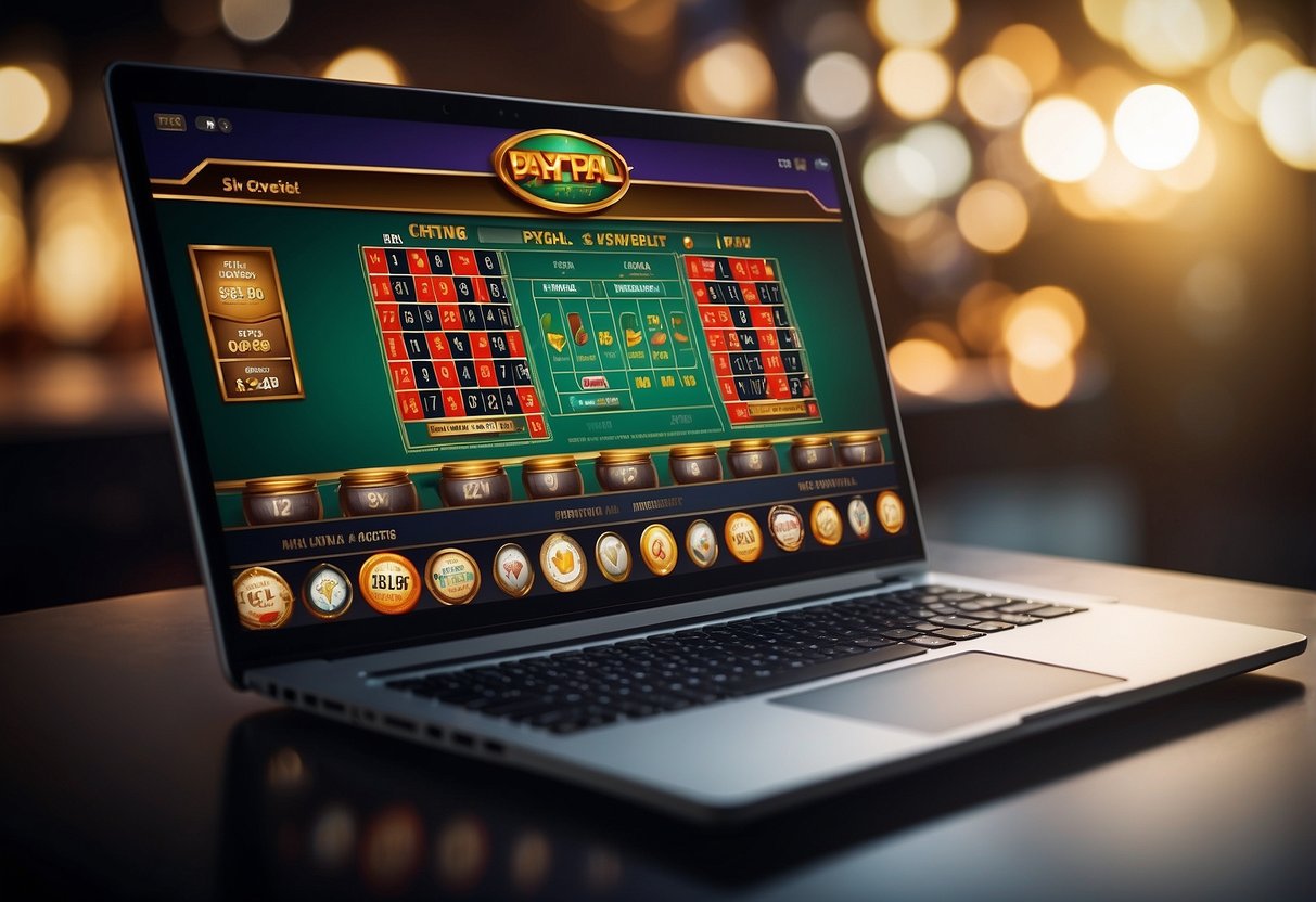 A laptop displaying an online casino interface with a PayPal logo for deposit and withdrawal options