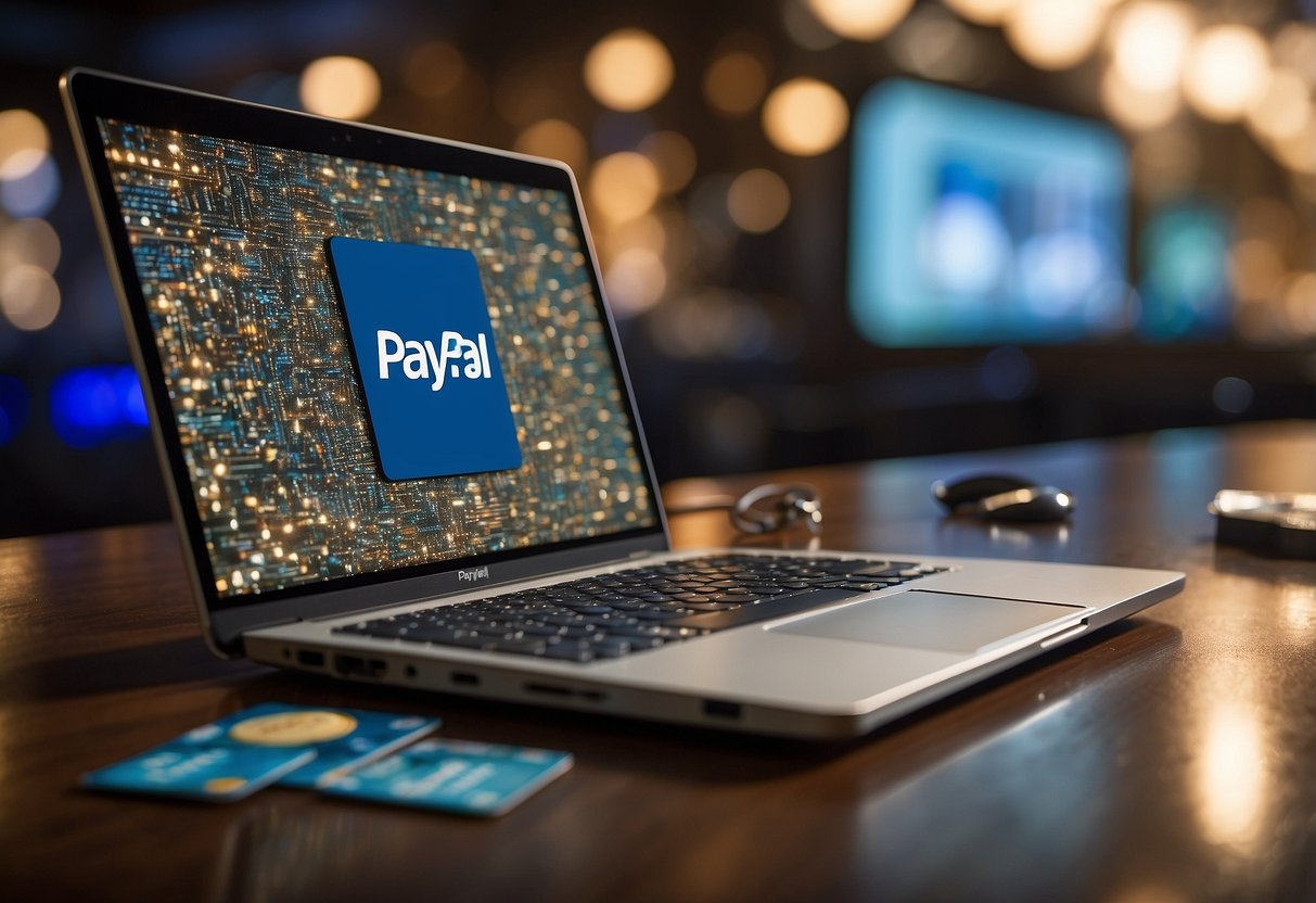 A laptop with a PayPal logo displayed on the screen, surrounded by casino chips and playing cards. A secure padlock icon is visible in the browser address bar