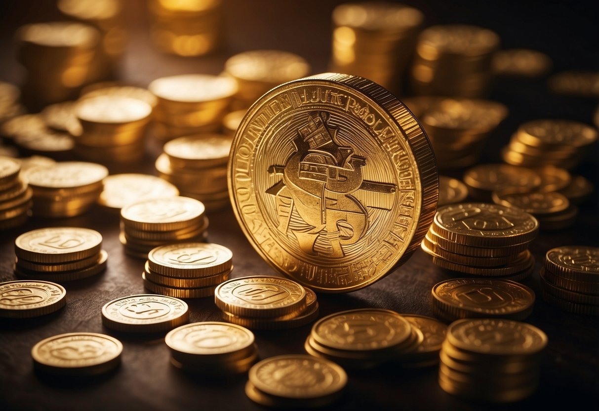 A glittering golden nugget surrounded by casino chips and cards