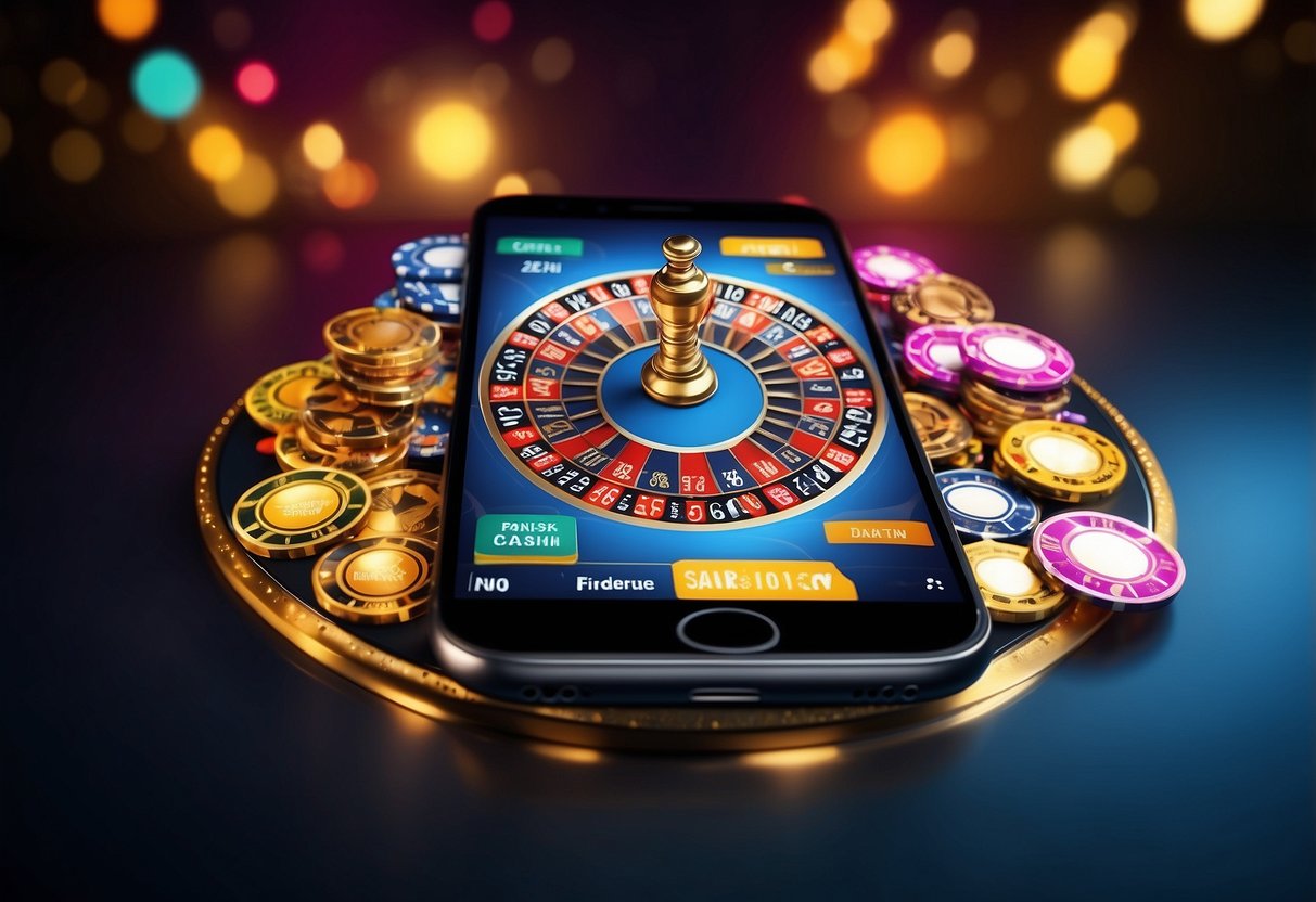 A colorful and vibrant mobile casino app displayed on a smartphone screen with flashing lights and various casino game icons