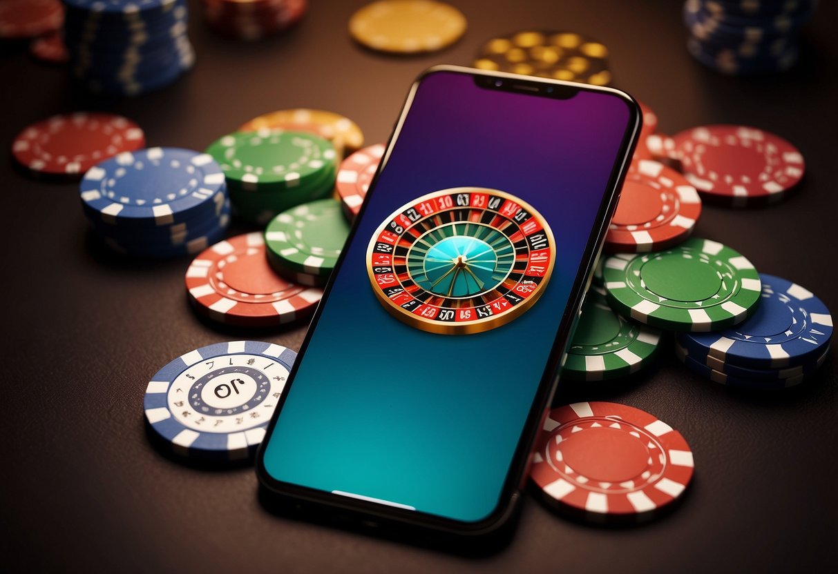 A smartphone with a casino app open, surrounded by colorful casino chips and a deck of cards. The screen displays a welcome message and attractive game options