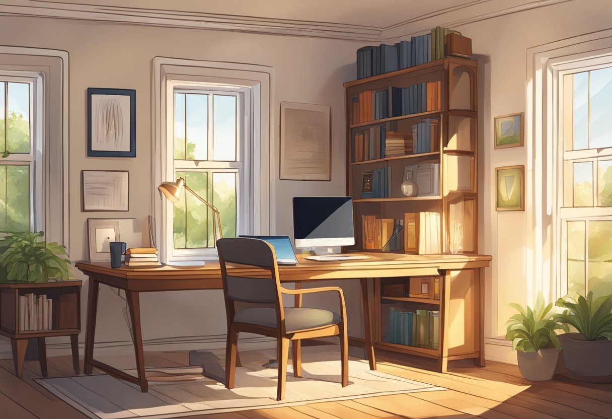 A cozy study with a desk, chair, and bookshelf. The desk holds a laptop, open to a retirement guide. Sunlight streams through a window