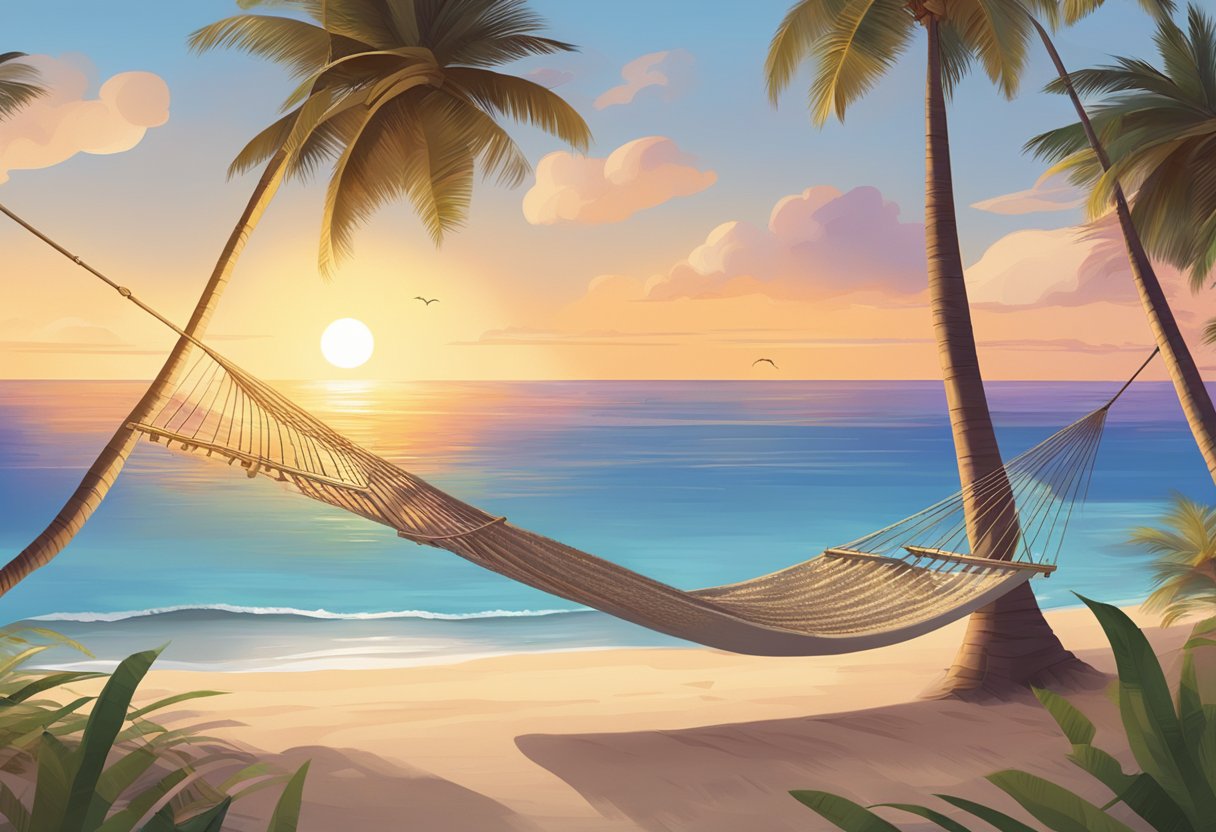 A serene beach at sunset, with a hammock strung between two palm trees and a gentle breeze blowing. A book titled "Defining Early Retirement and Its Benefits" lies open on a nearby table