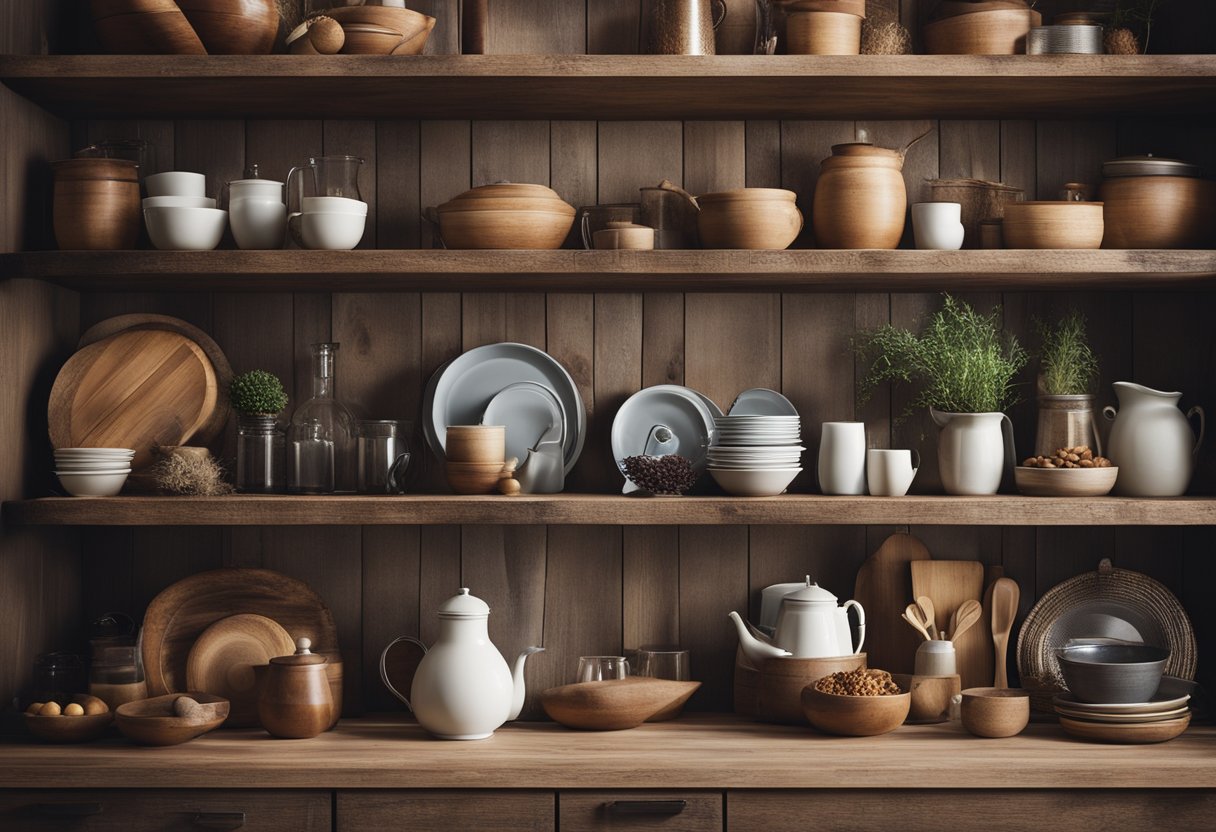 Rustic wooden shelves adorned with kitchen decor items