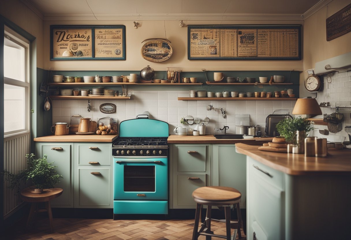 A cozy vintage kitchen with retro signs hung on the walls, adding a touch of nostalgia to the decor