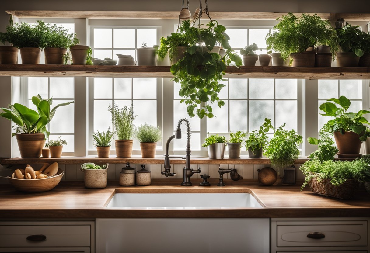 A farmhouse sink surrounded by rustic kitchen decor, including hanging plants, wooden shelves, and vintage utensils