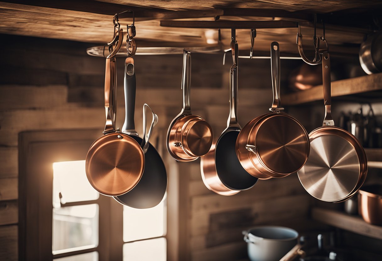 A kitchen scene with hanging copper pots and pans, displayed on a rustic wooden wall rack. Sunlight streams in, highlighting the gleaming metal
