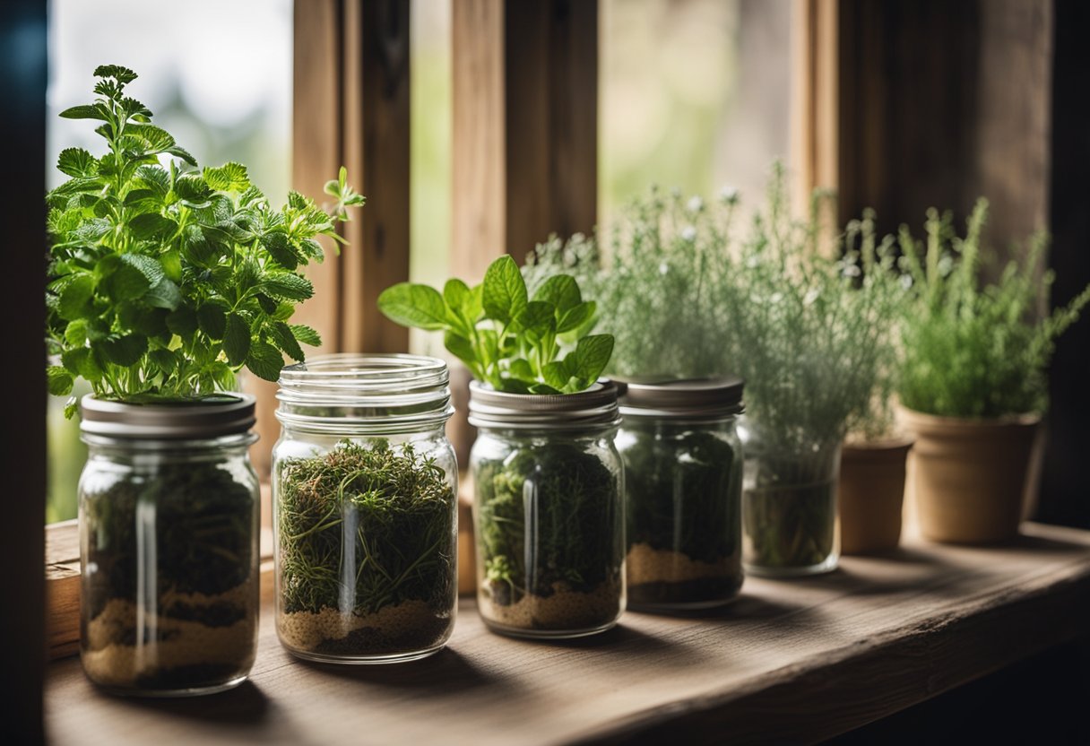 A windowsill with pots of various herbs, sunlight streaming in. A rustic wooden shelf holds jars of dried herbs and small gardening tools