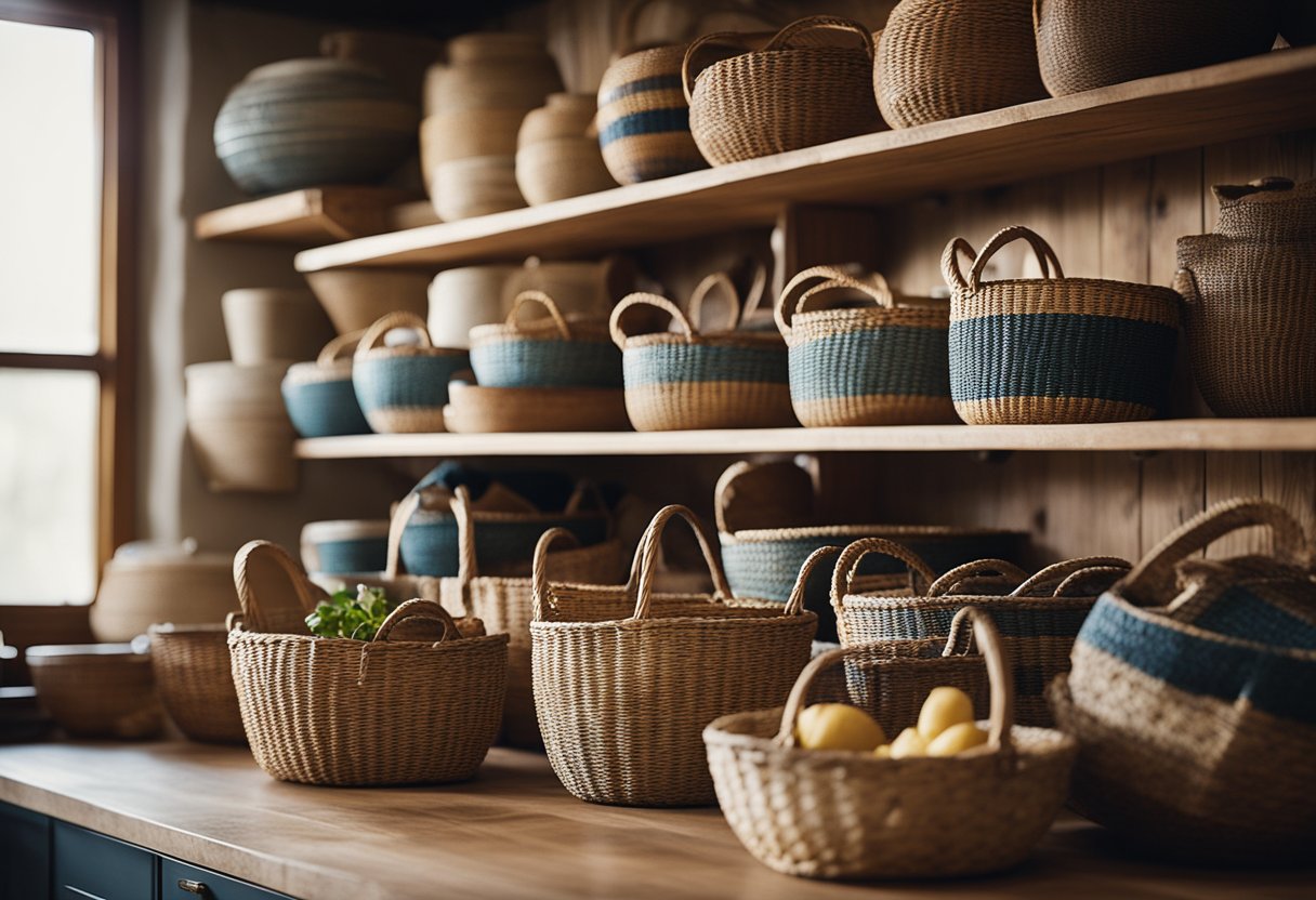 A collection of woven baskets in various sizes and colors arranged on open shelves in a rustic kitchen setting