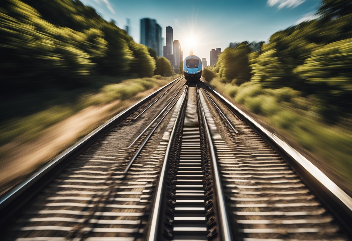 A fast-moving train zooms along a track, symbolizing the significance of transaction speed in blockchain technology