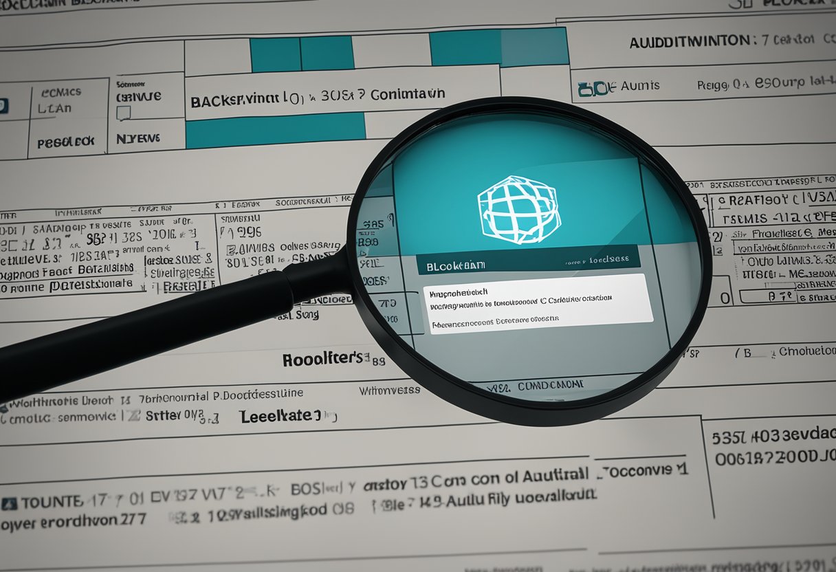 A computer screen displays a blockchain network with interconnected blocks, while a magnifying glass hovers over it, symbolizing auditing relevance