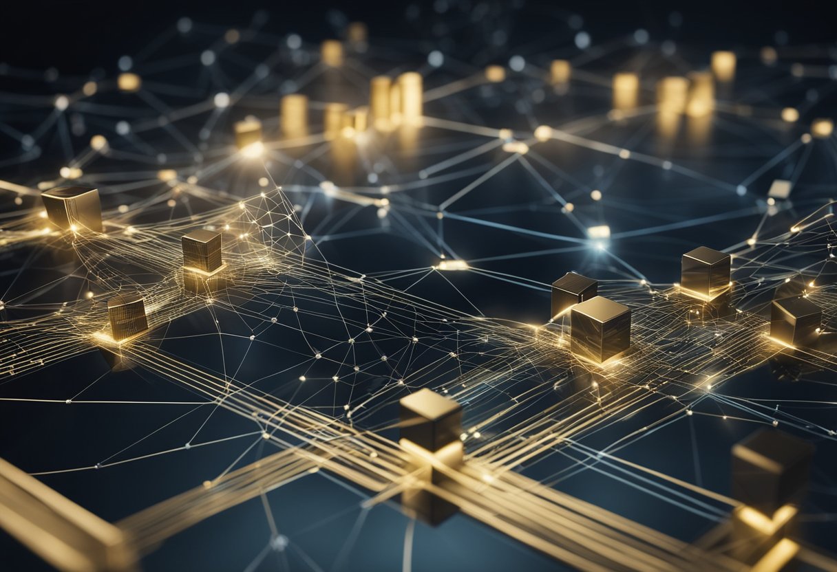 A network of interconnected blocks representing blockchain technology, with data flowing seamlessly between them, while auditors observe and analyze the process