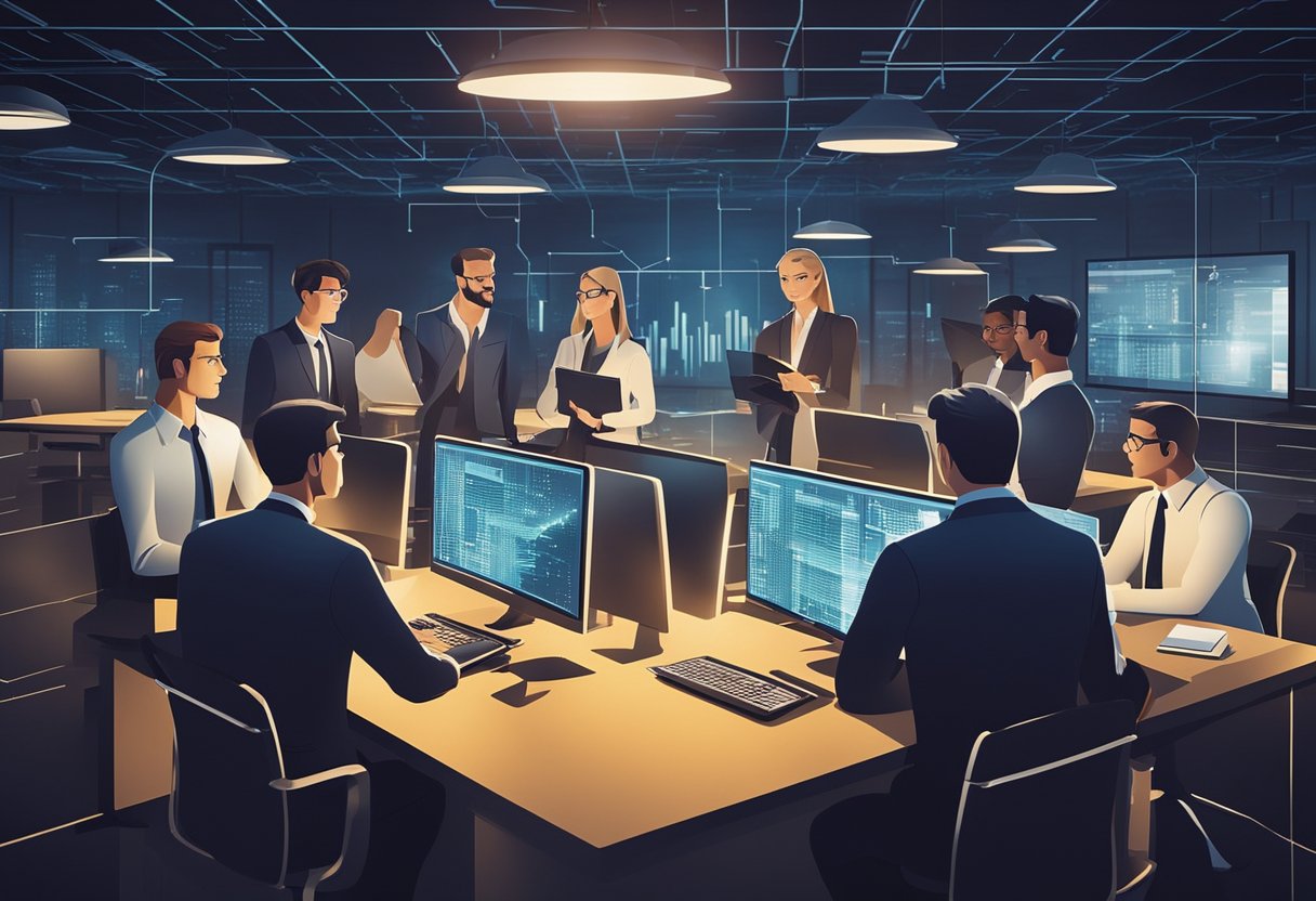 A group of auditors gather around a computer, studying a complex network of interconnected blocks. The blockchain technology is revolutionizing the auditing profession, sparking intense discussions and brainstorming sessions