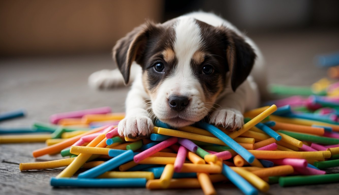 A pile of colorful chew sticks scattered on the floor, with a curious puppy sniffing and pawing at them