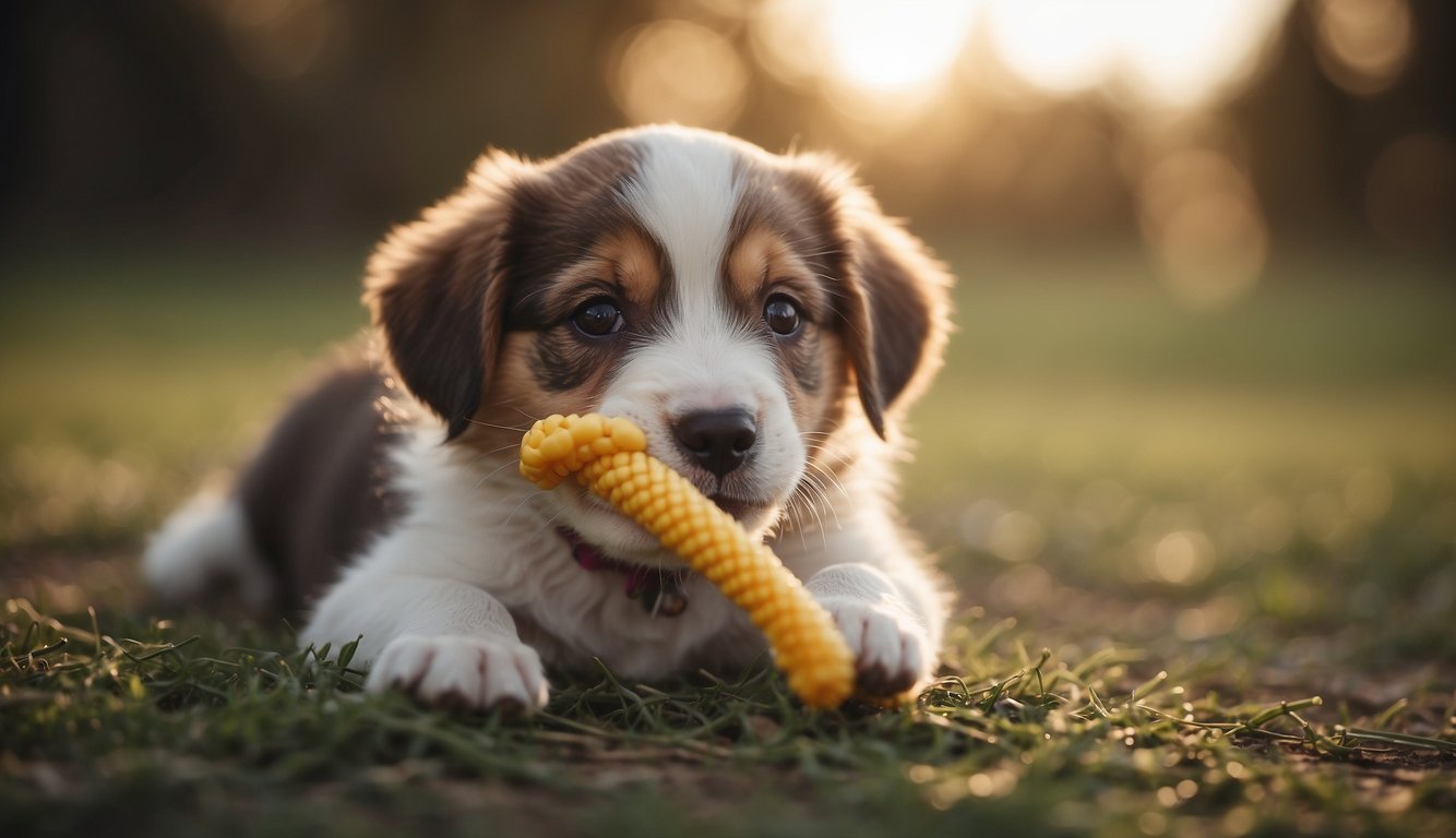 A playful puppy chews on a teething stick, tail wagging