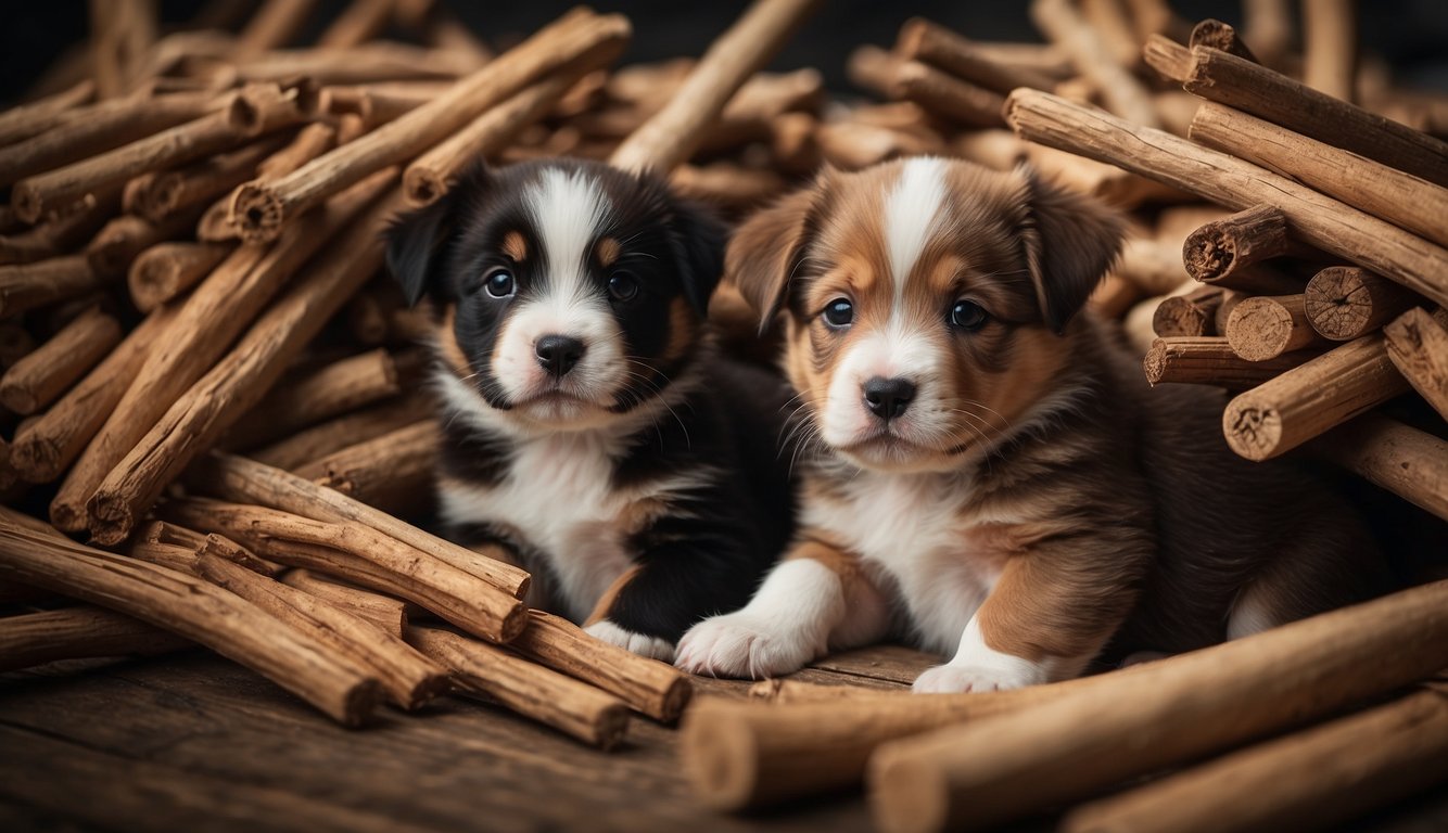 Puppies surrounded by various chew sticks, with labels indicating safety and effectiveness