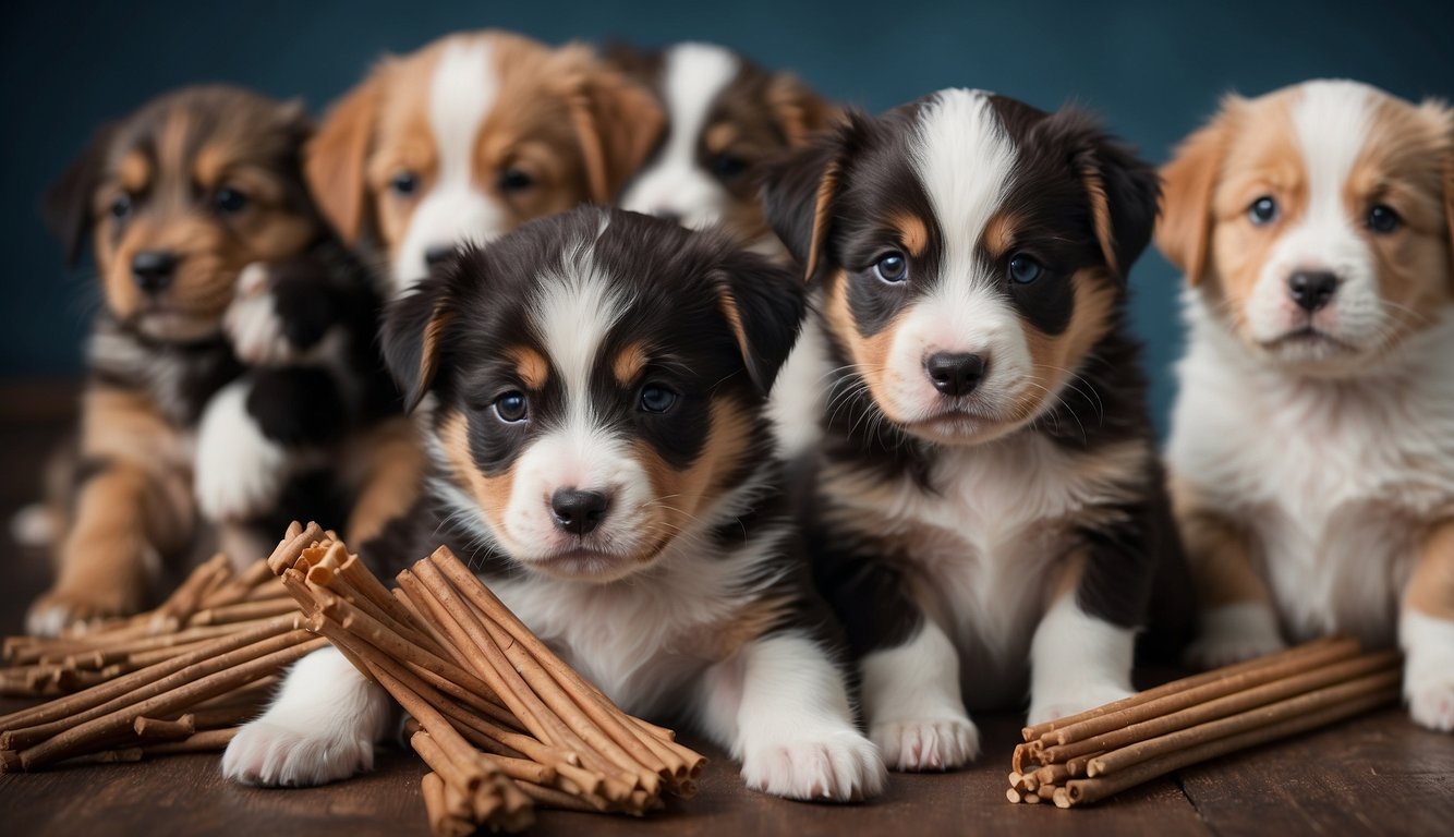 Puppies surrounded by various chew sticks, vet-approved labels, and a professional guiding them towards the best options