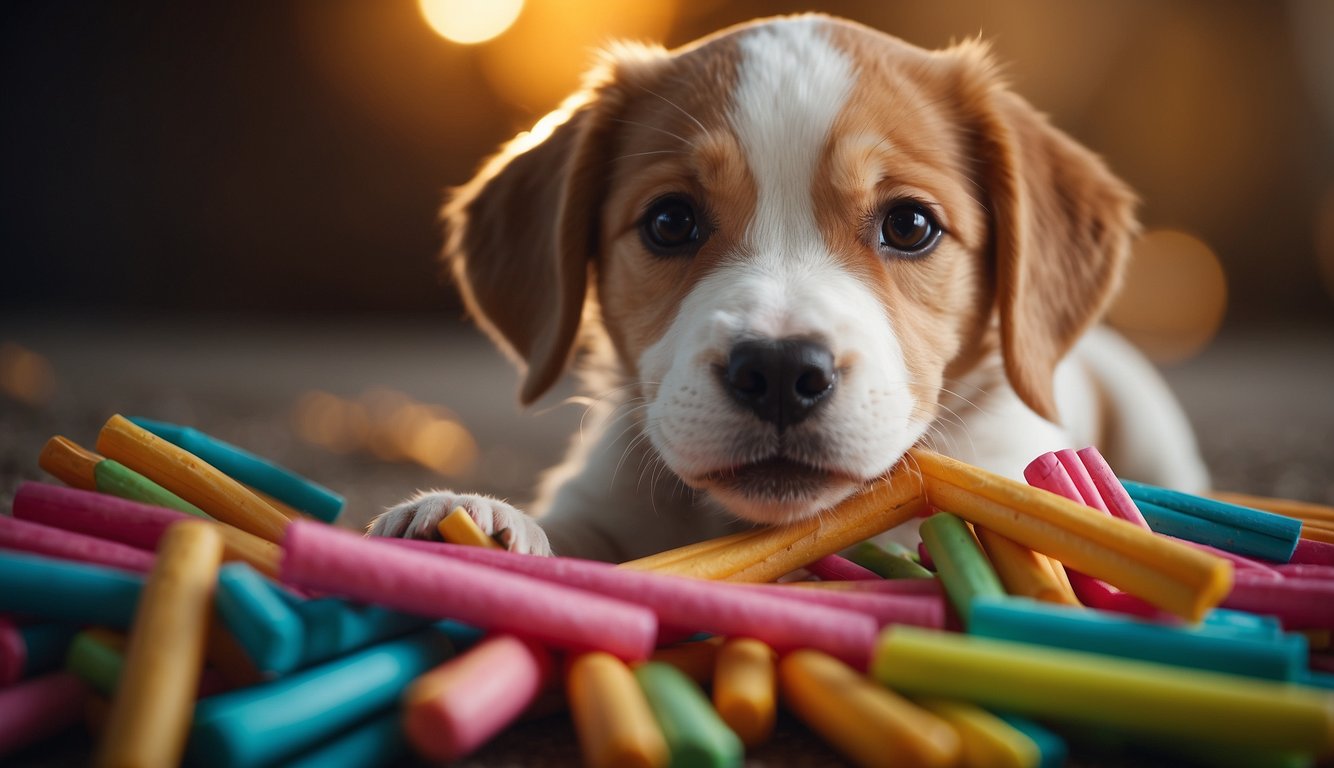 A pile of colorful chew sticks scattered on the floor, with a playful puppy sniffing and pawing at them