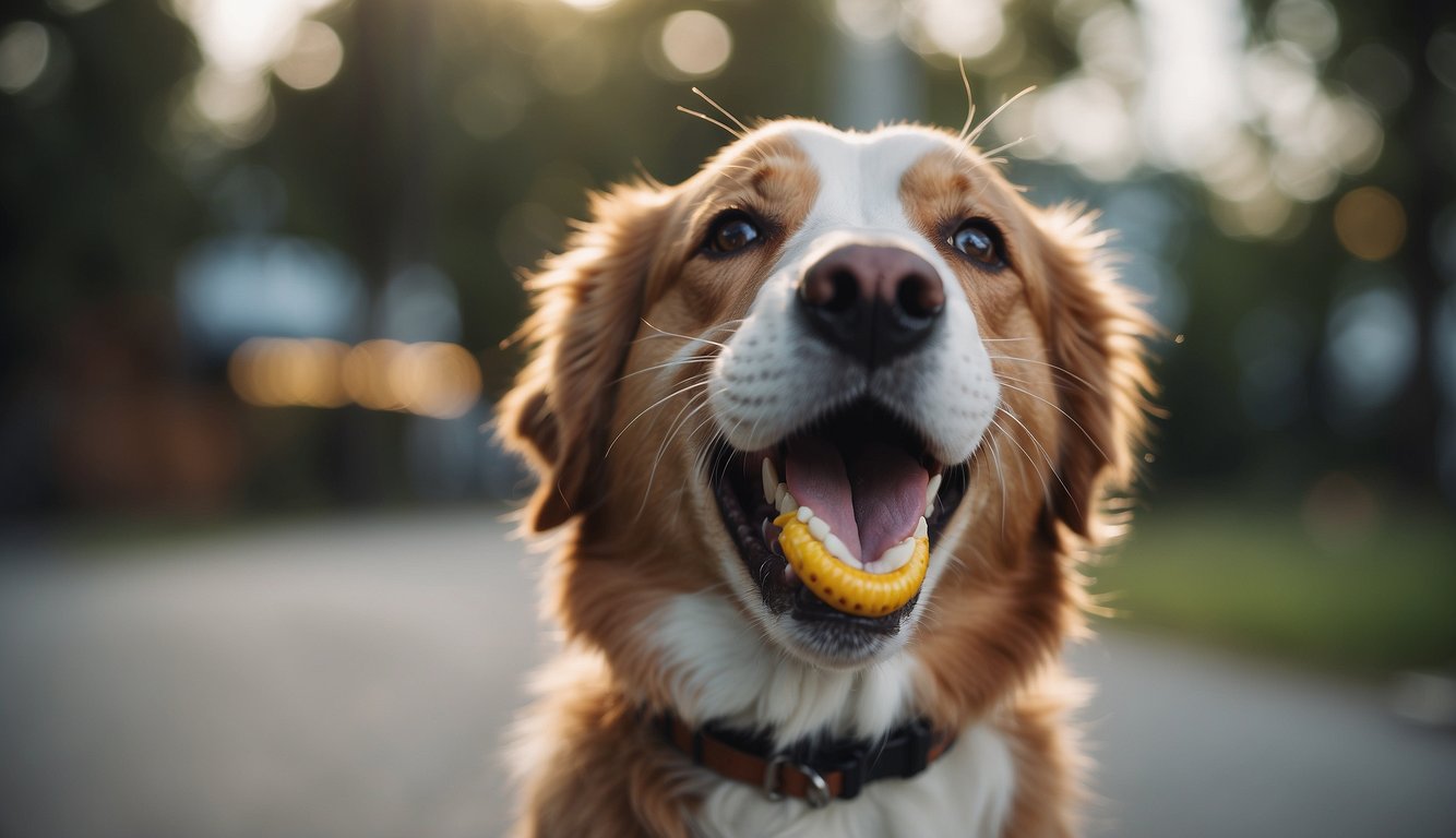 A happy dog chewing on a dental chew, with clean teeth and a satisfied expression