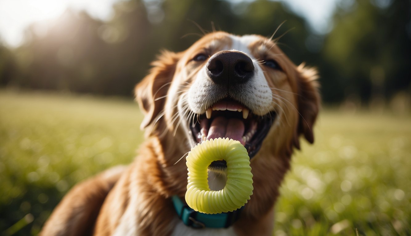 A happy dog chewing on a dental chew, with clean teeth and a bright smile