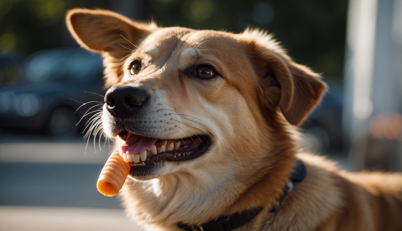 A dog happily chewing on a dental chew, with clean teeth and a content expression