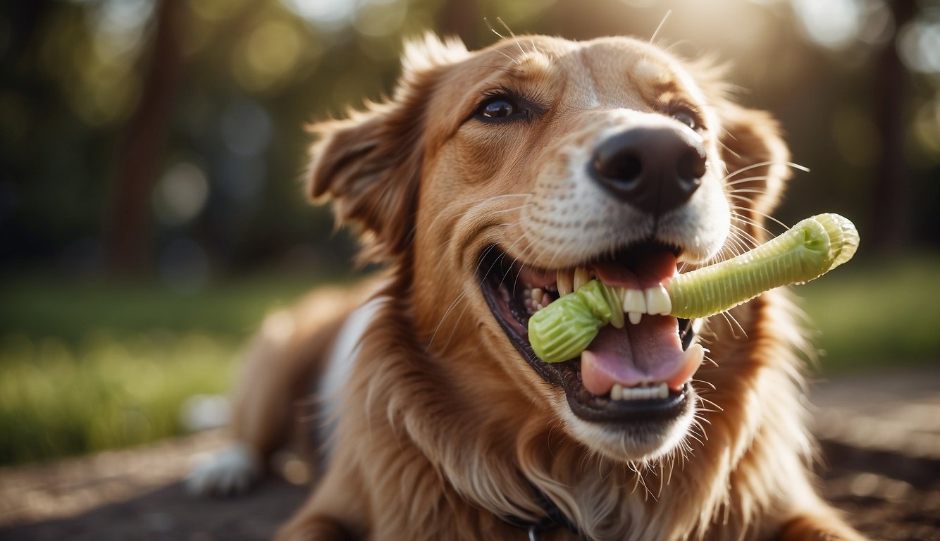 A happy dog chewing on a dental chew, with a big smile and clean teeth