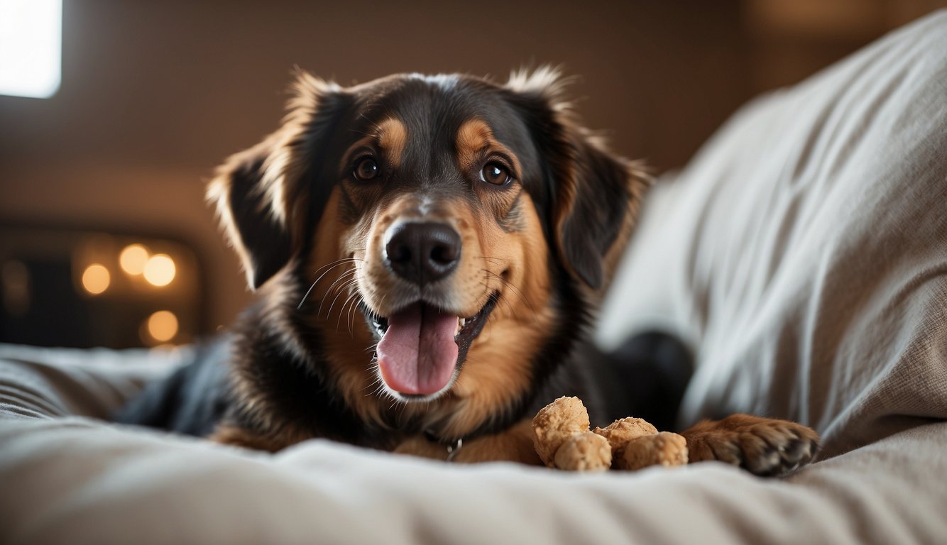 A dog happily chewing on a dental chew while sitting on a cozy bed, with a bright and clean background