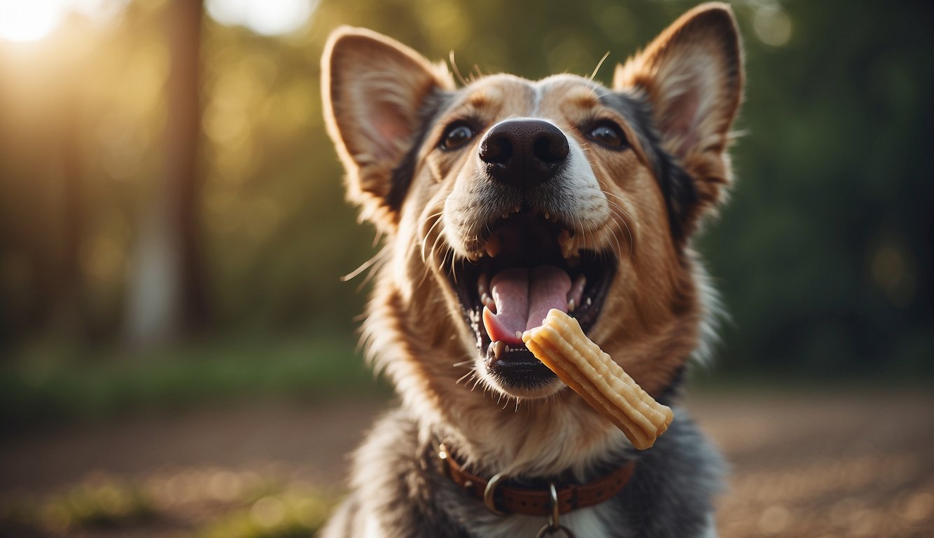 A happy dog chewing on a durable, textured dog chew with a big smile and clean teeth