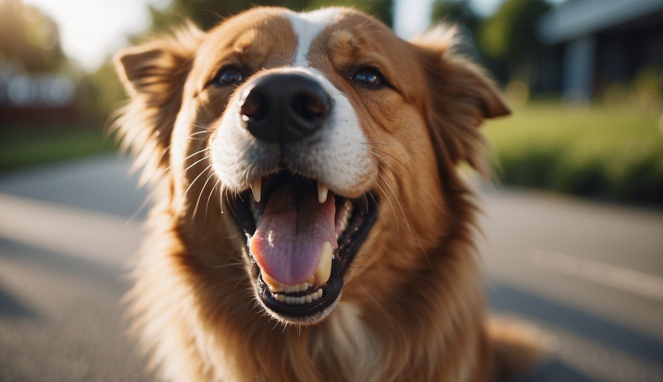 A dog chewing on a dental chew, with a big smile and clean teeth