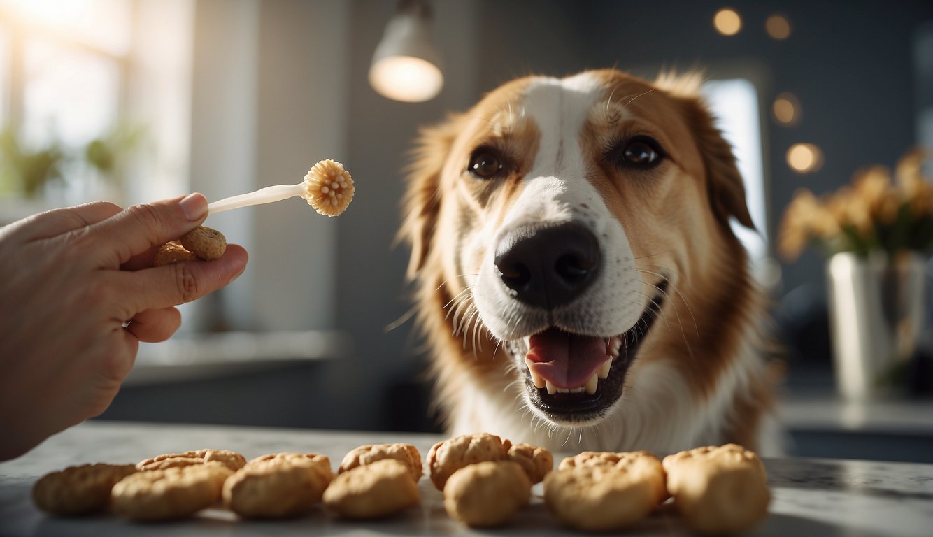 A happy dog chews on a dental treat, teeth sparkling, while a veterinarian looks on approvingly