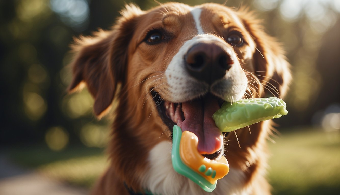 A dog happily chewing on a dental chew, with clean teeth and a bright smile