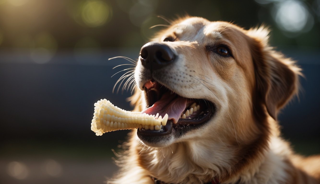 A happy dog chewing on a dental chew, teeth sparkling clean