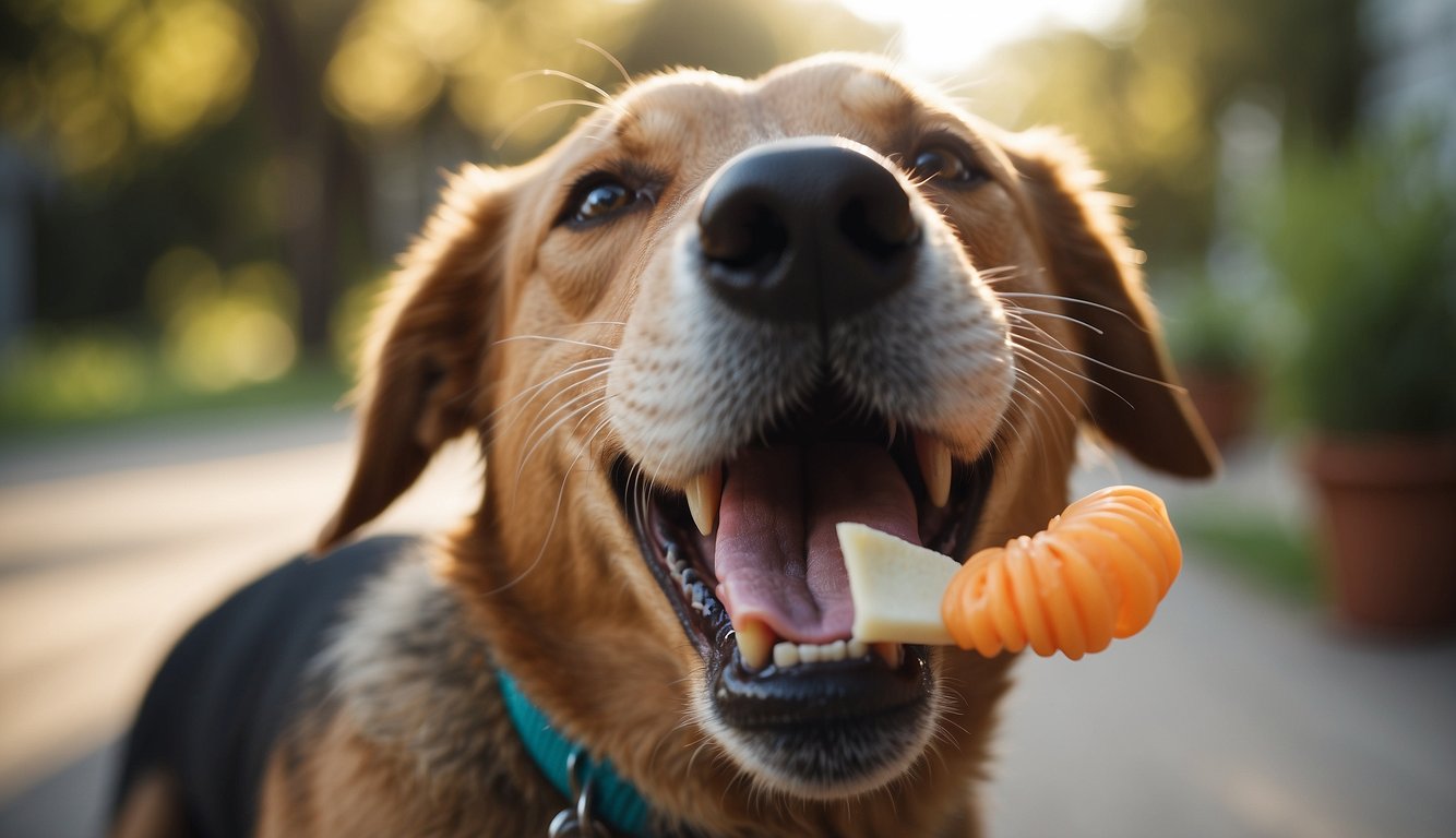 A dog happily chews on a dental chew, its teeth glistening as it effectively cleans them