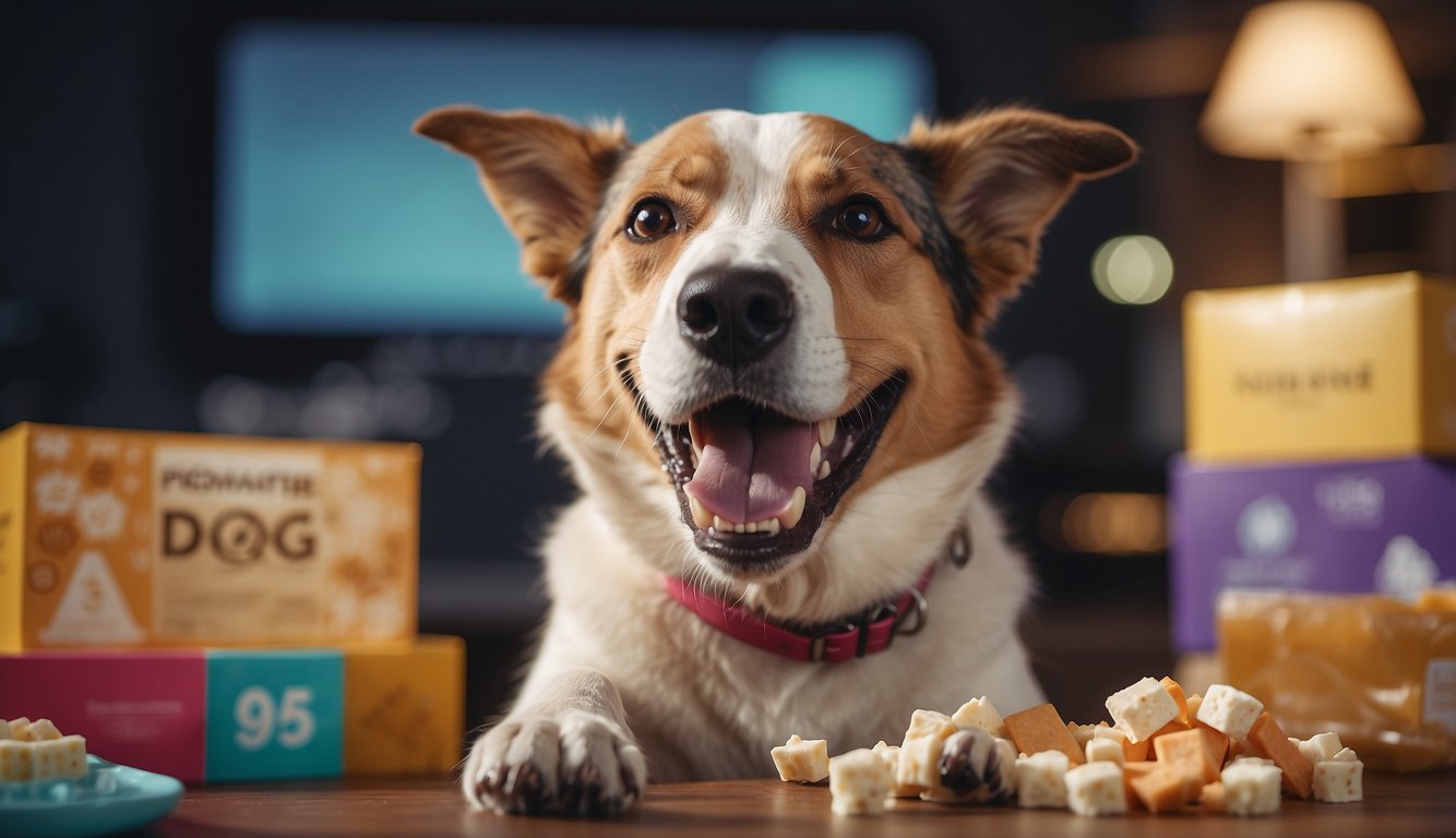 A happy dog chewing on a teeth cleaning treat, surrounded by various FAQ signs and symbols